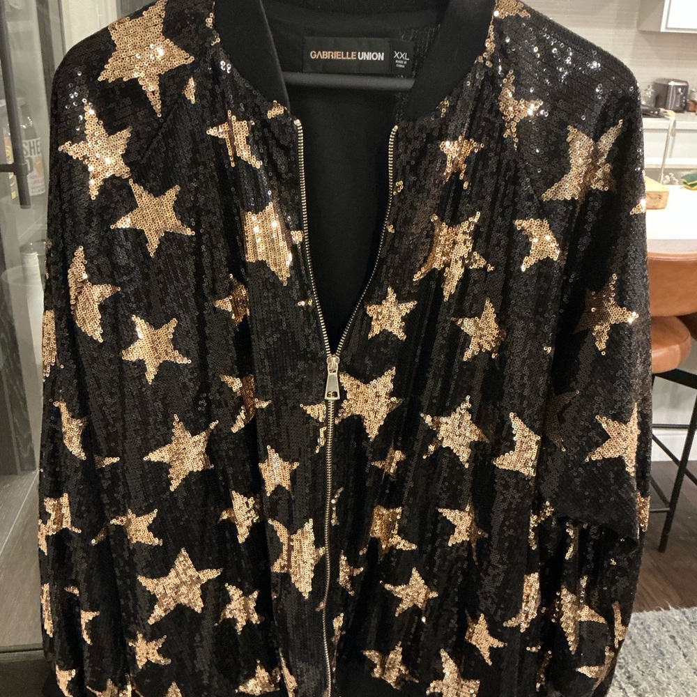 Gabrielle Union Black and Gold Star Sequin Bomber Jacket